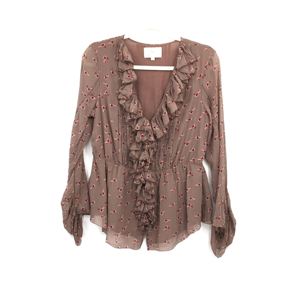 Madison Marcus‎ 100% silk ruffle front peasant pirate top brown boho feminine M